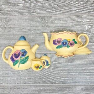 Vintage Burwood Pair Tea Cup Pot Kettle Pansy Flowers Plastic Wall Pocket Decor